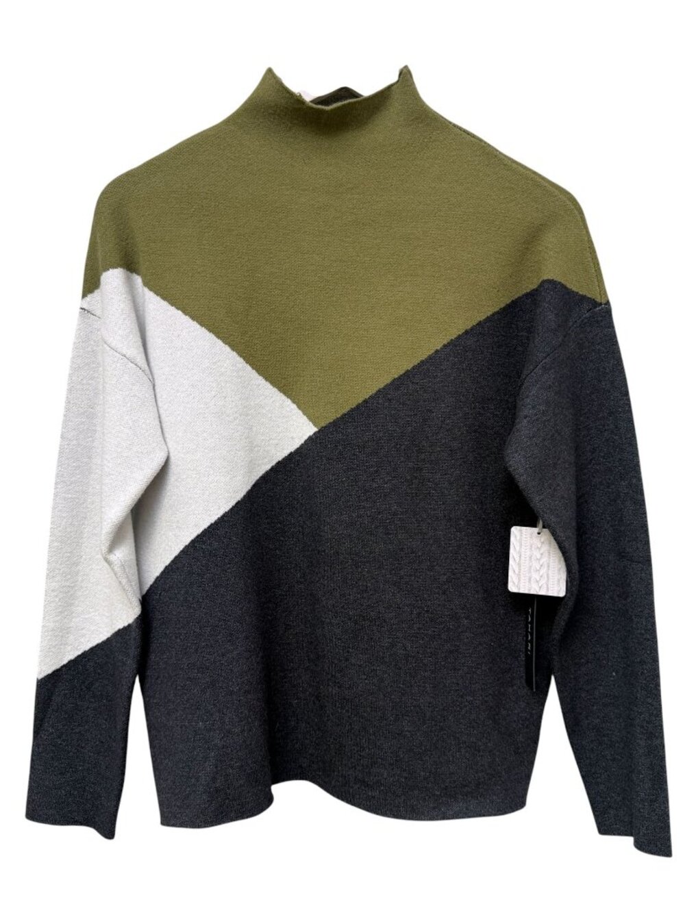 Tahari Sweater Medium Olive Green Gray Colorblock Mockneck Womens Pullover NWT